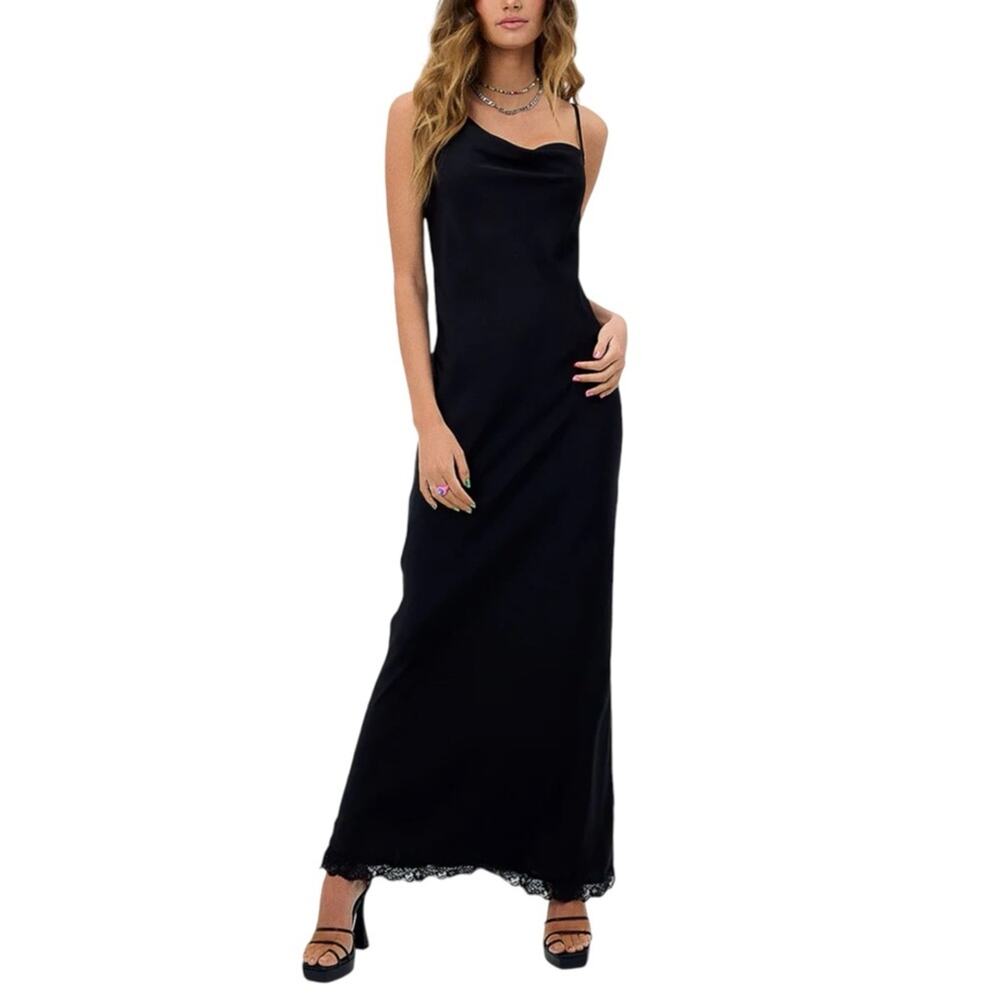 Frankie’s Bikinis Cara Cowl Neck Black Sleeveless Satin Maxi Slip Dress MEDIUM